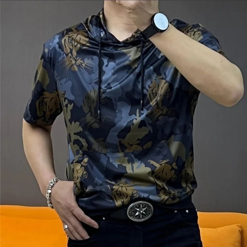 2023 Summer Men\'s Clothing Trendy Camouflage Printed Short Sleeve Hooded Top Y2K Casual Streetwear Comfortable Pullover T-shirts