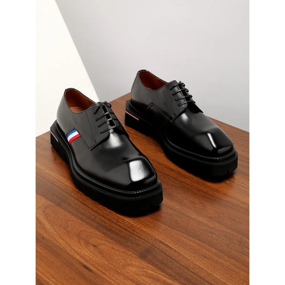 High End Handmade Men's Derby Shoes Youth Genuine Leather Breathable Square Toe Lace Up Business Casual Trendy Thick Sole