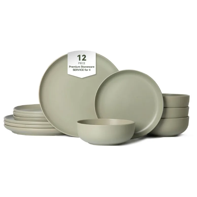 

12 Piece Green Stoneware Dinnerware Set Microwave Dishwasher Safe Non Toxic Stackable Plates Bowl Modern Durable For Family Of 4