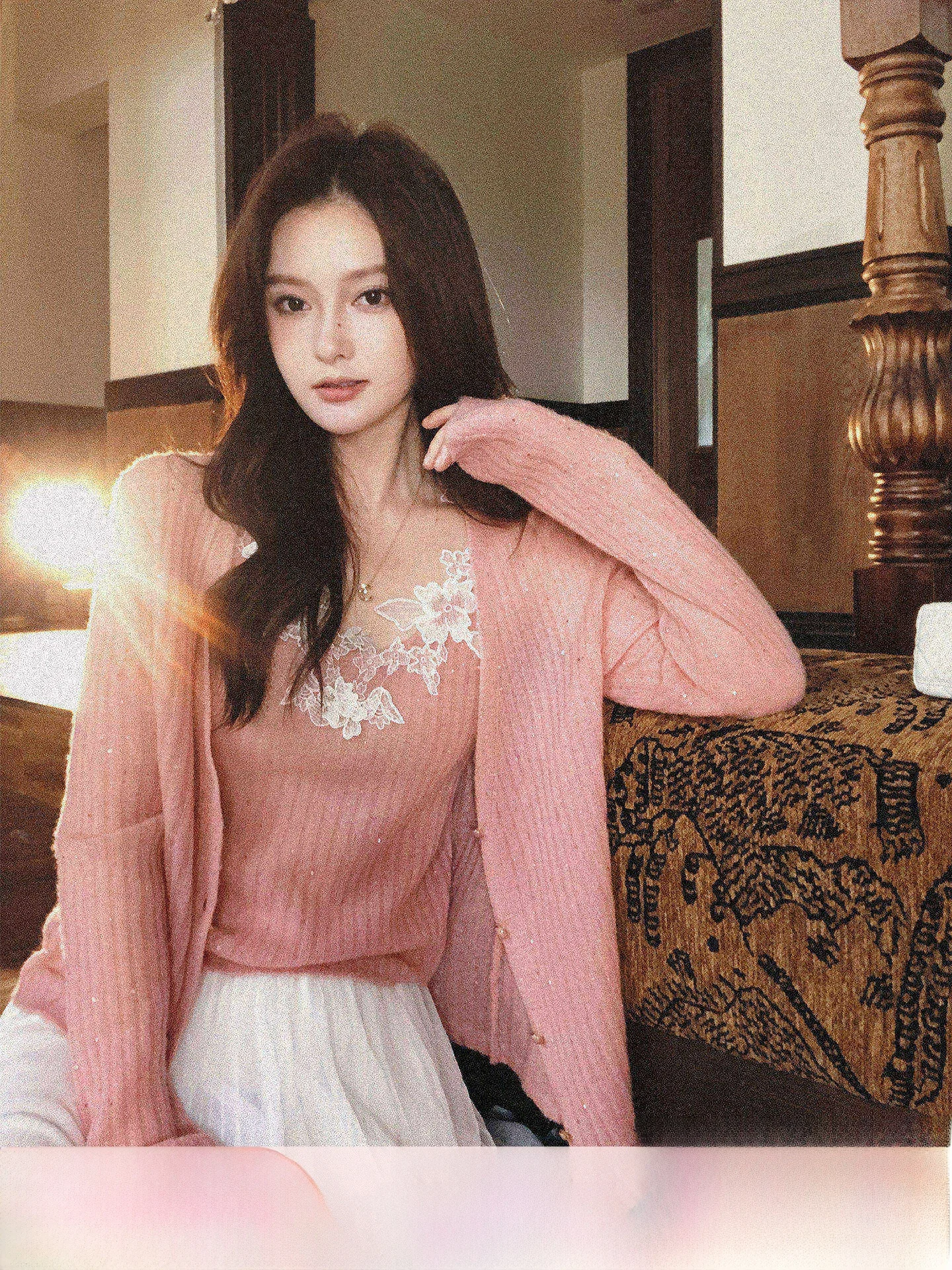 

Evening Rose Mixed Wool Knitted Cardigan Sequin Lace Trim Sweater French Style Slim Fit Daily Wear Ladies V-Neck Long Sleeve