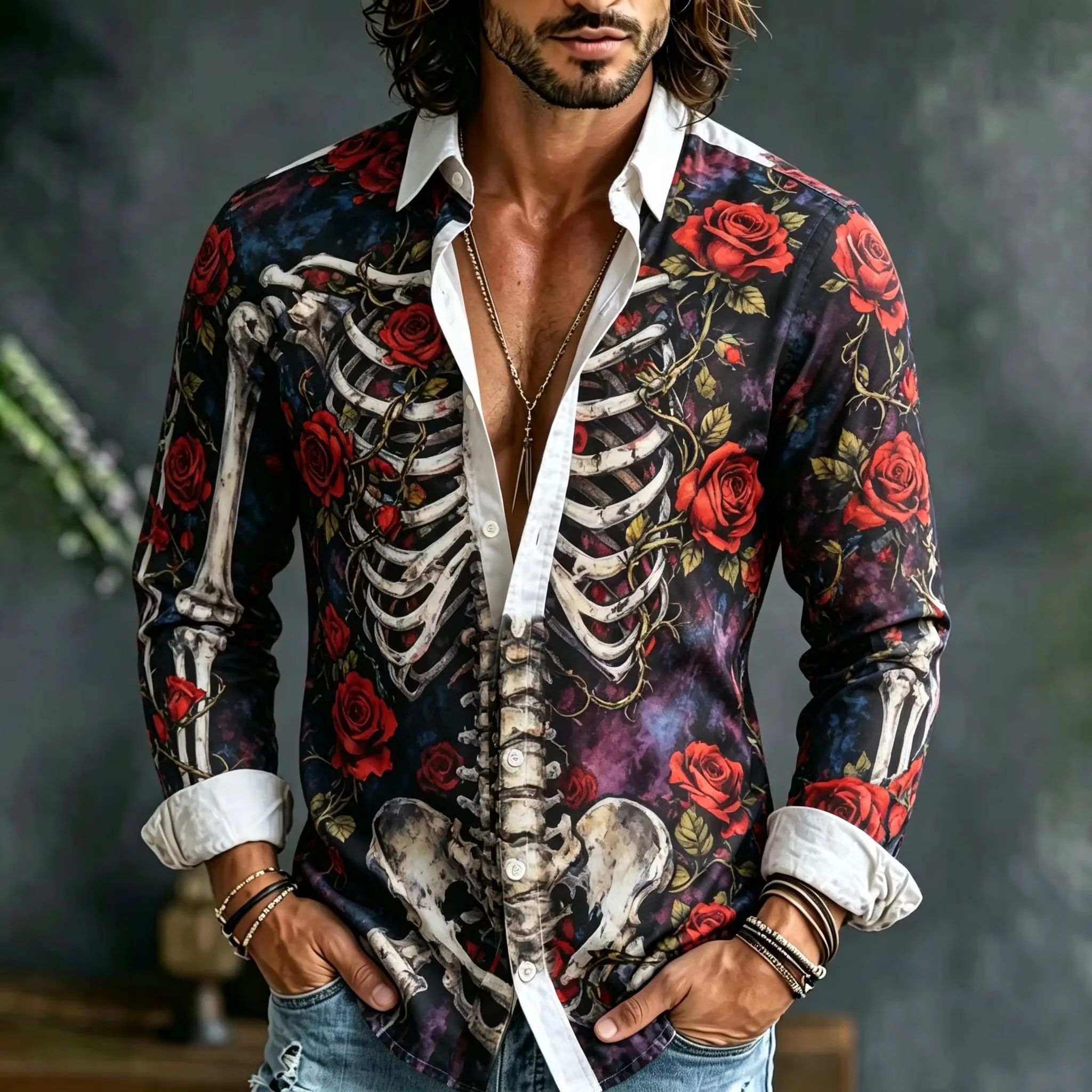 New men's hand-painted black and white line drawing floral long sleeved shirt, vacation collar casual shirt