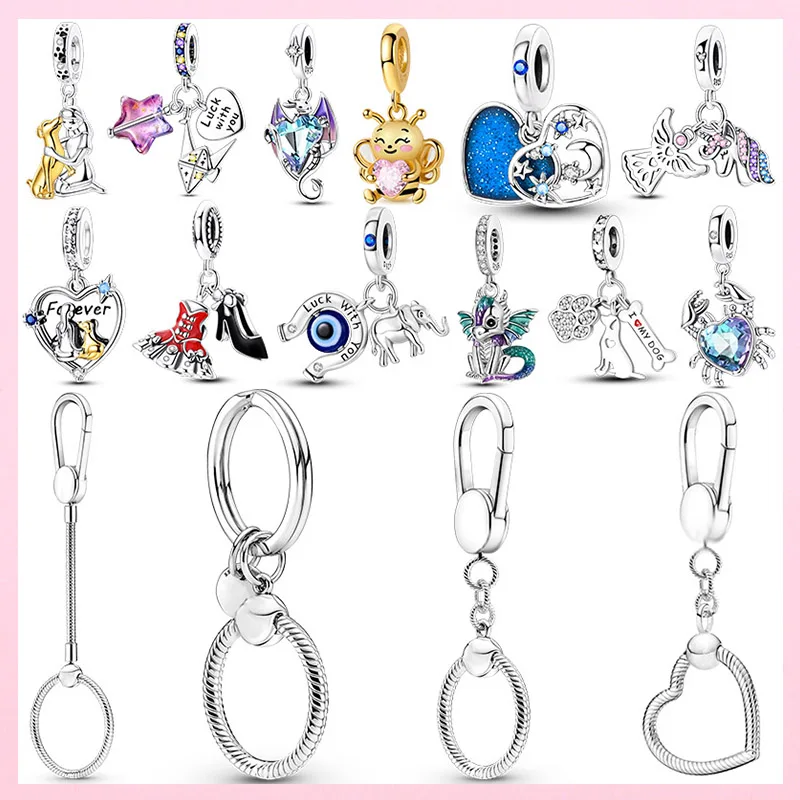 

Hot Sale 925 Sterling Silver Moments Keychain Charm Fit Original Brand Silver Beade Ladies DIY Jewelry Gift