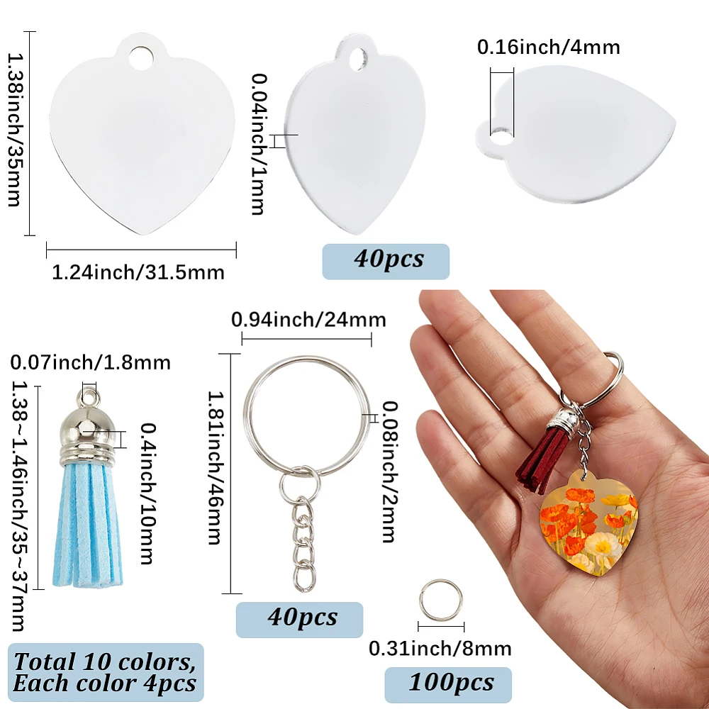 1 Box 220Pcs 40 Sets Sublimation Keychain Blanks Heart Sublimation Key Chains Bulk Heart Shaped Double Side Colorful Tassels