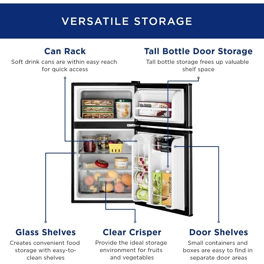 Mini refrigerador com congelador, 3,1 gaveta Crisper do projeto cúbico da dobro-porta do frete com prateleiras de vidro, gelo espaçoso