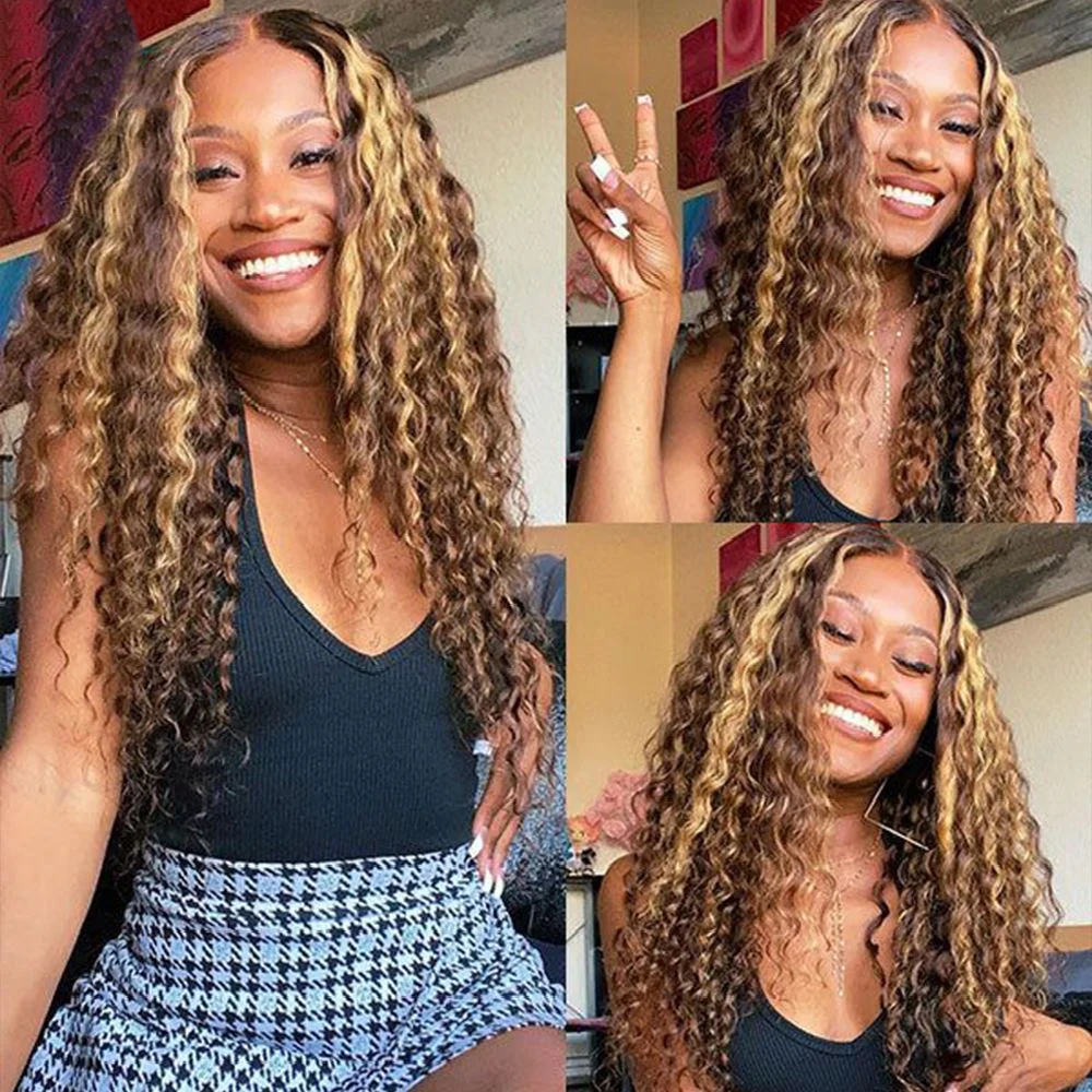 أومبير بوب شعر مستعار شعر الإنسان 4/27 تسليط الضوء على شعر مستعار موجة عميقة مجعد العسل شقراء الدانتيل الجبهة بوب الباروكات 200 الكثافة 16 بوصة