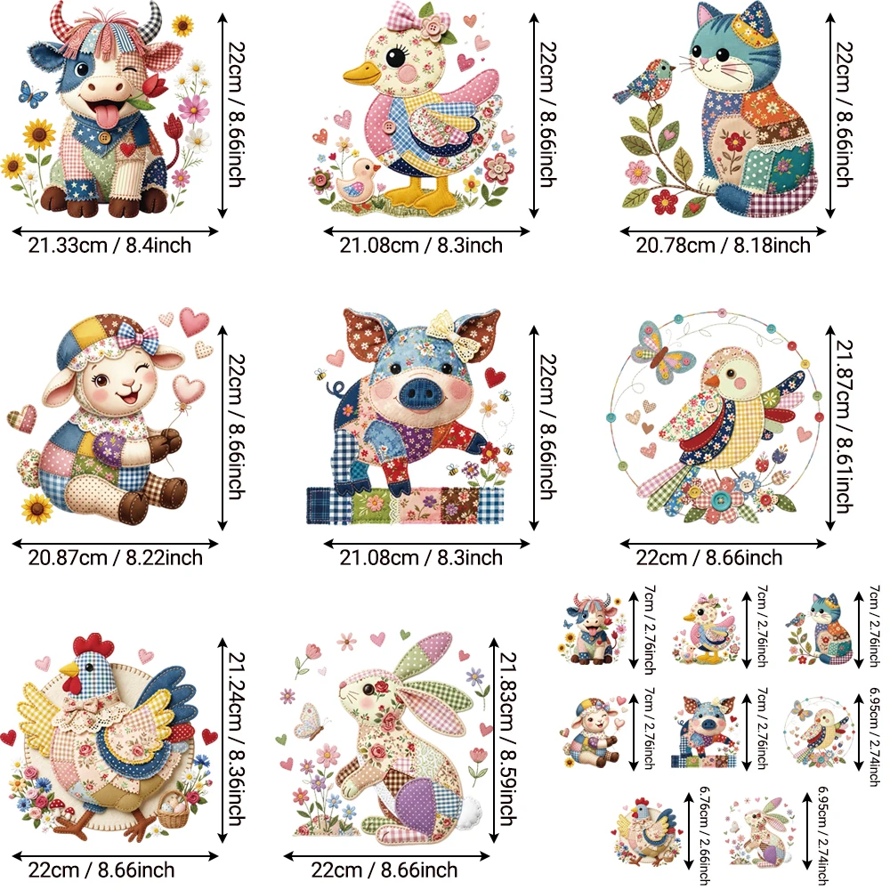 8 large & 8 small collage animal DTF transfers, soft no-mark film for tank tops & tees, ready to press