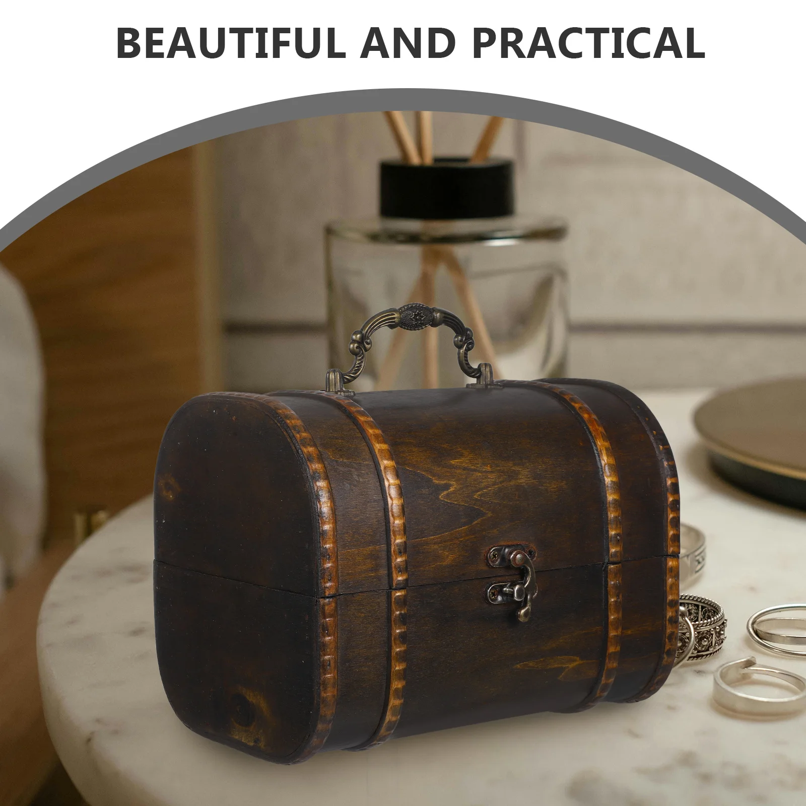 

Vintage Small Wood Jewelry Box Portable with Handle Jewelry Storage Organizer Trinket Holder Trinket Box Treasure Chest Large
