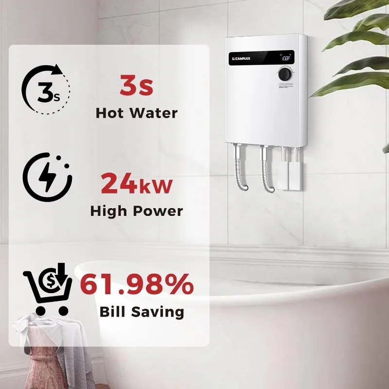 CAMPLUX Tankless Water Heater Electric 24kW 240 Volt,On Demand Instant Endless Hot Water Heater TEW24 Digital Display