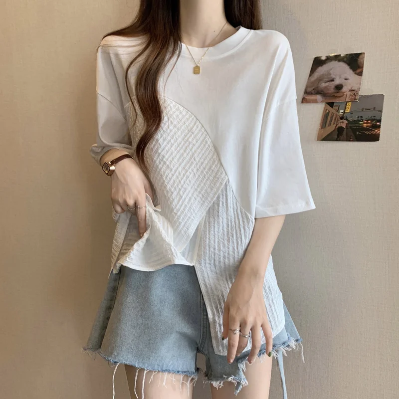 Women\'s Clothing Fashion Irregular T-shirt Asymmetrical Spliced Summer Korean Short Sleeve Solid Color Casual O-Neck Pullovers