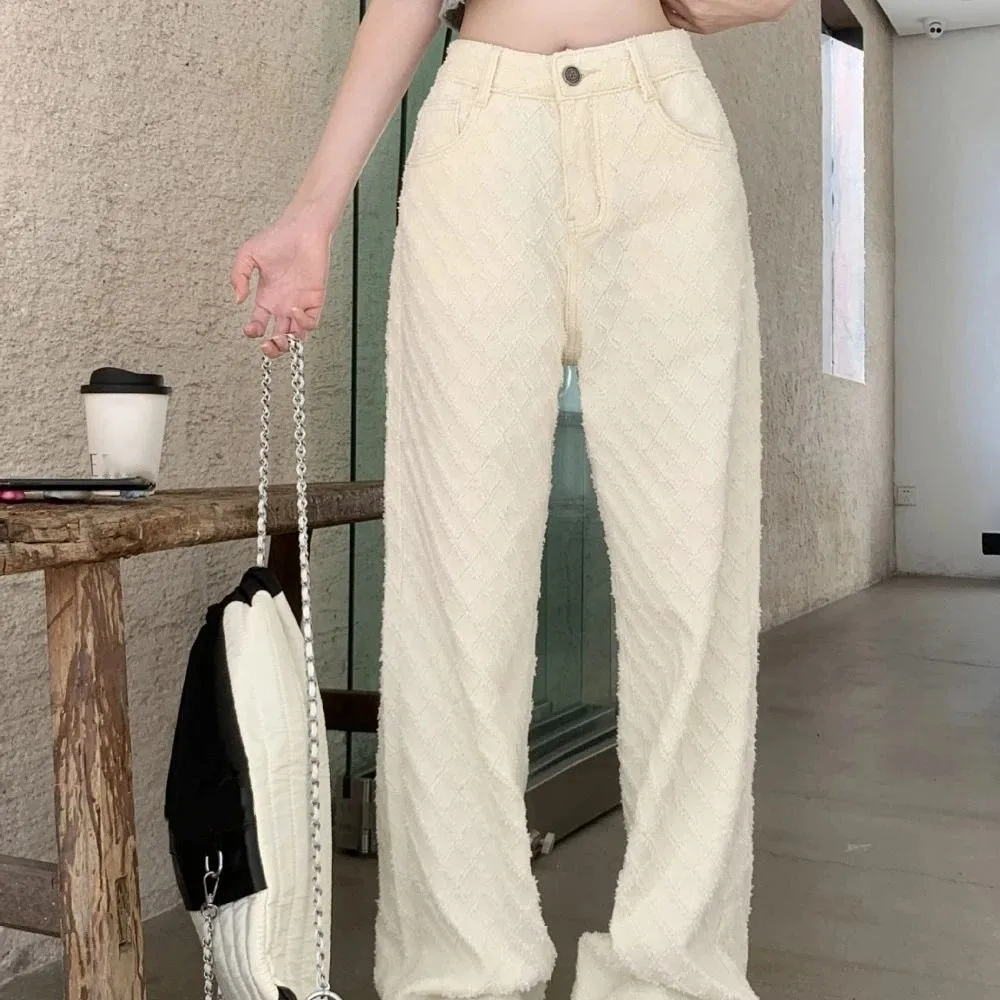 Ropa femenina, pantalones vaqueros de rejilla, pantalones vaqueros holgados de pierna recta para mujer Y2k, pantalones vaqueros informales coreanos, ropa de calle