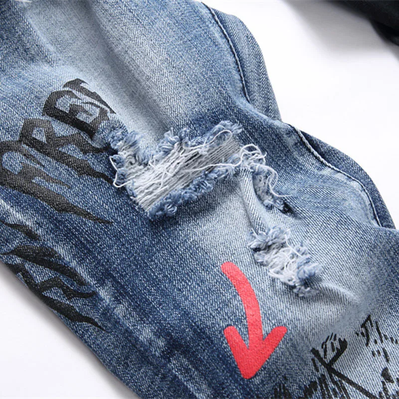 Men Punk Skinny Denim Letter Printing Jeans Male Patchwork Holes Ripped Stretch Casual Jeans Slim Fit Trousers Streetwear Pants