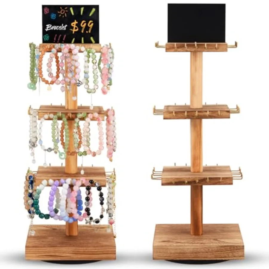 

2 Pcs Bracelet Holder 3 Tier Wooden 360° Rotating Jewelry Holder Organzier with 36 Hooks Tree Stand Vendor Booth Display with A