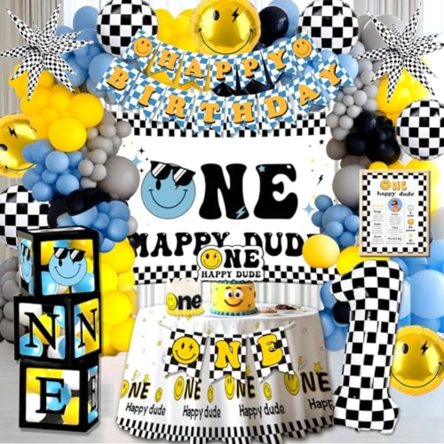 

Декорации для первого дня рождения One Happy Dude: фон, воздушные шары, баннер «С Днем Рождения», топпер для торта