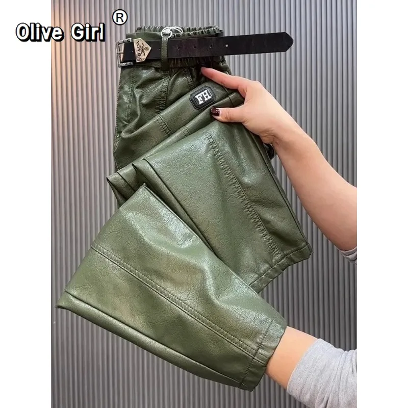 Olivegirl Trousers Women Plus Size Fashion Y2k Leather Pants High Quality PU Casual Straight Leg Pant Loose Slim High Waist