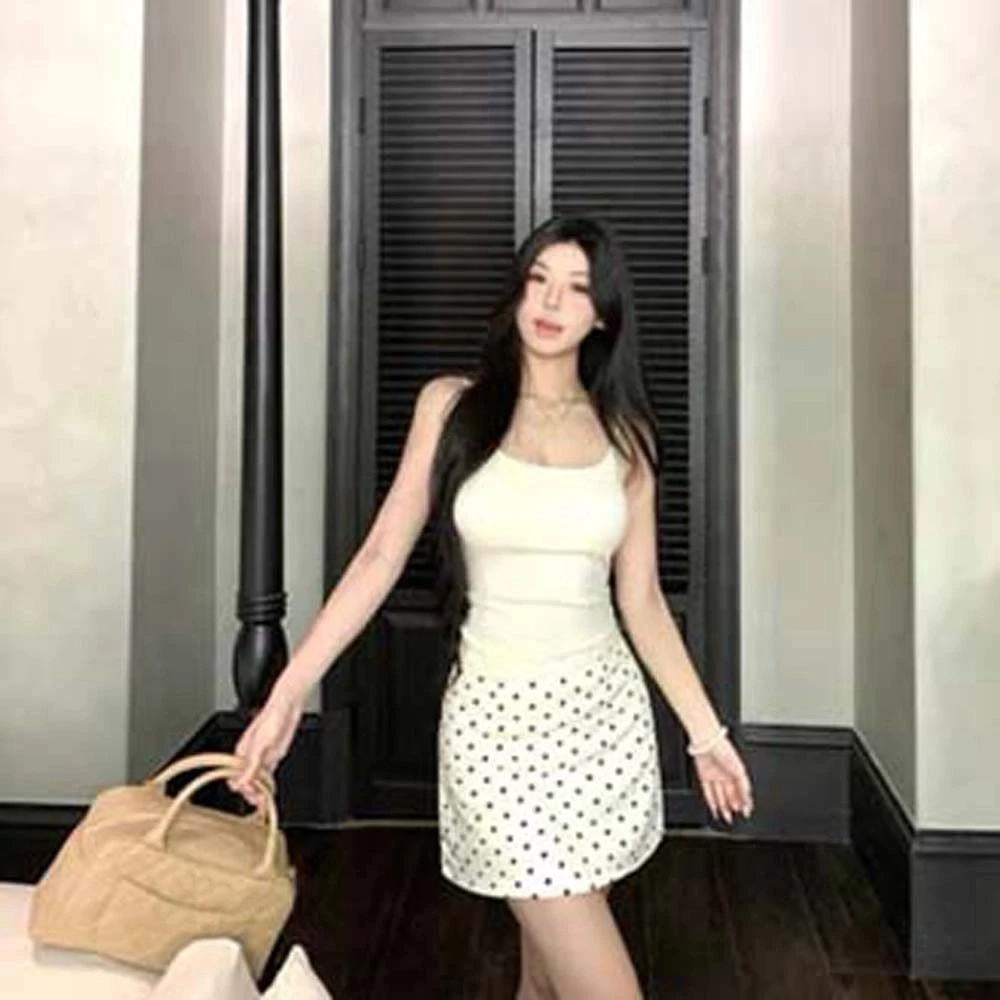Gonna corta casual a vita alta Polkatdot Vestibilità slim Top Collocazione Dot Mezze sottoveste Ragazza piccante Abito a trapezio a pois nero/albicocca Lady