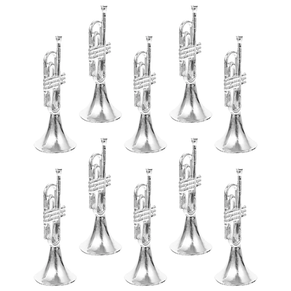 

10 Pcs Silver Straight Trumpet Model Mini Musical Instrument Adornment Vintage Design Lifelike Decor House Accessory