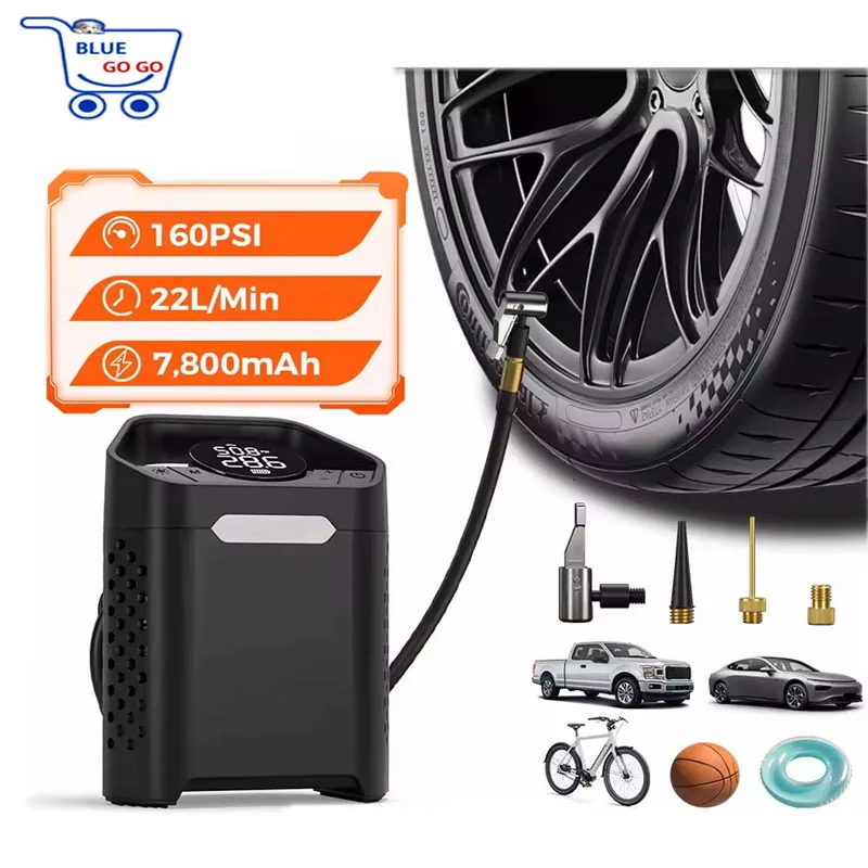 160PSI мощный беспроводной насос для накачивания шин 7800 мАч аккумулятор для автомобилей, мотоциклов, велосипедов, цифровой дисплей, портативный воздушный насос с автоматическим отключением