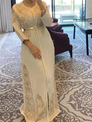 Evening High Embroidery Gold Lace Custom Ivory Gown Square Neck Long Sleeve Belt Pearl Split Elegant Moroccan Kaftan Arabian