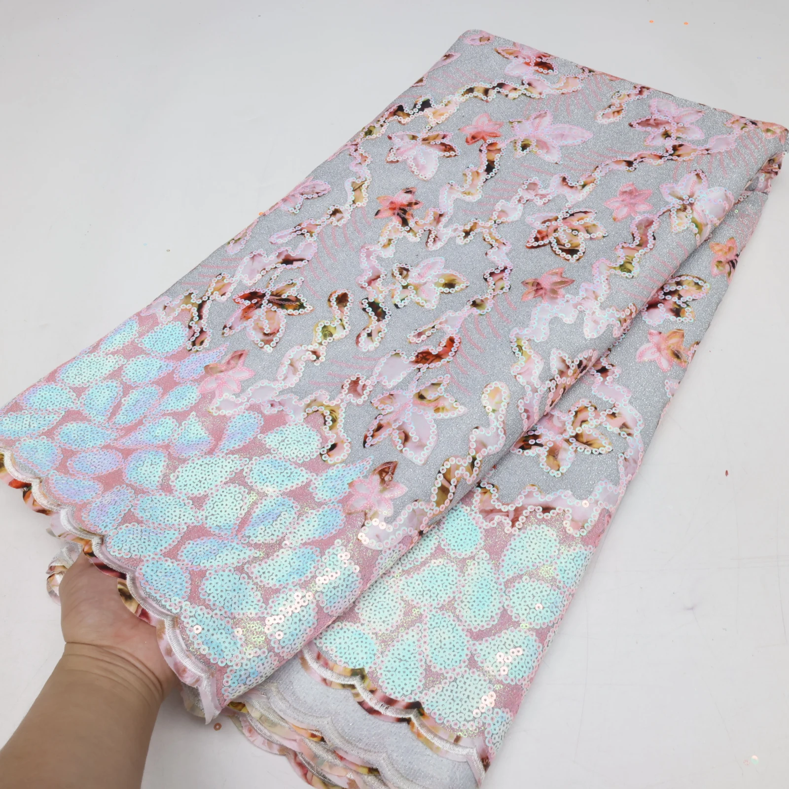 Hochwertiger beflockter Spitzenstoff mit Pailletten für Damen, afrikanische Spitze, 5 Yards, eleganter Druck, Samt-Spitzenstoff für Hochzeitskleid