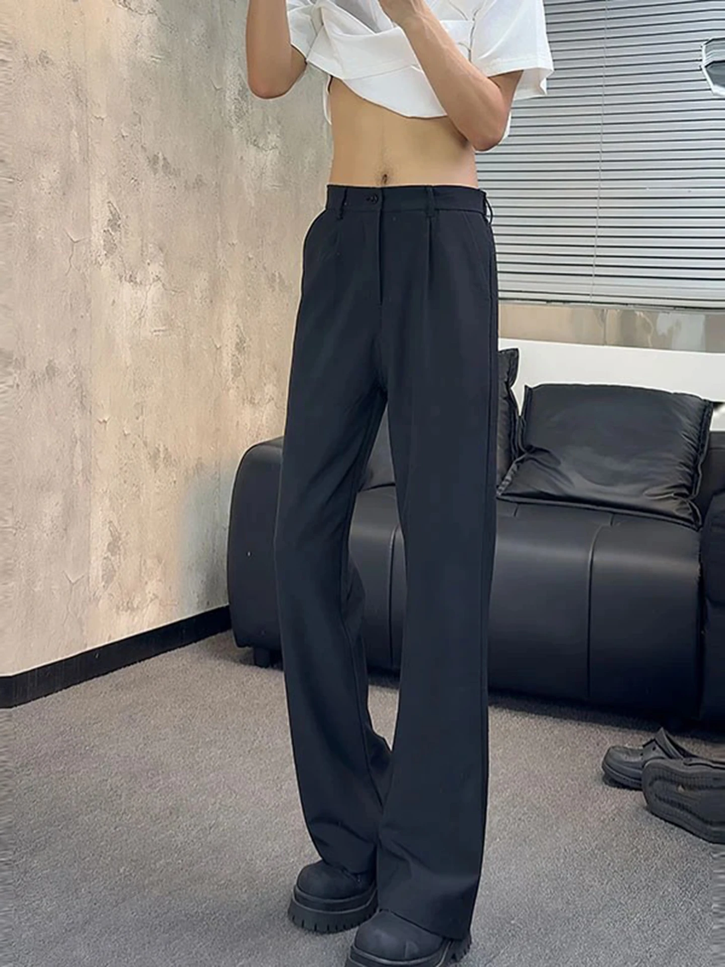 Bla Cleanfit High Waist Straight Leg Men's Casual Pants Autumn Season Drapey Feel Premium Quali Cuffed Trousers