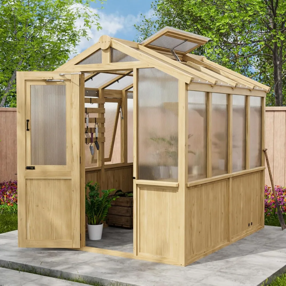 

6.7x7.8x7.7 Ft Greenhouse, Wood and Polycarbonate Walk-in Greenhouses, Cedar Hobby Green House with Roof Vent, Greenhouse