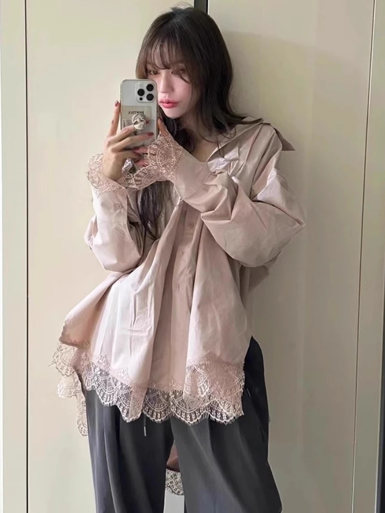 

Korean Fashion Blouses Solid Color Lace Patchwork Irregular Turn Down Collar Shirts Loose All Match Tops Elegant Women Clothing