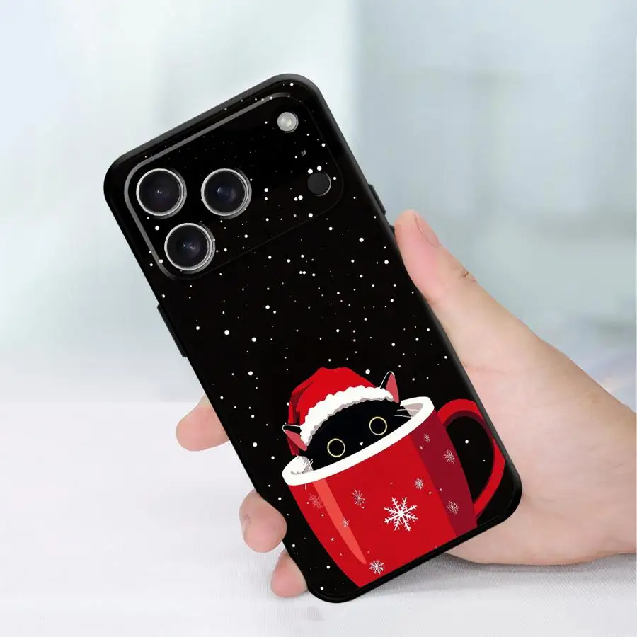 عيد الميلاد القط الأسود لينة غطاء الهاتف القضية آيفون 15 16 14 زائد 7 8 17 الهواء XR 13 12 11 17 برو ماكس XS ماكس