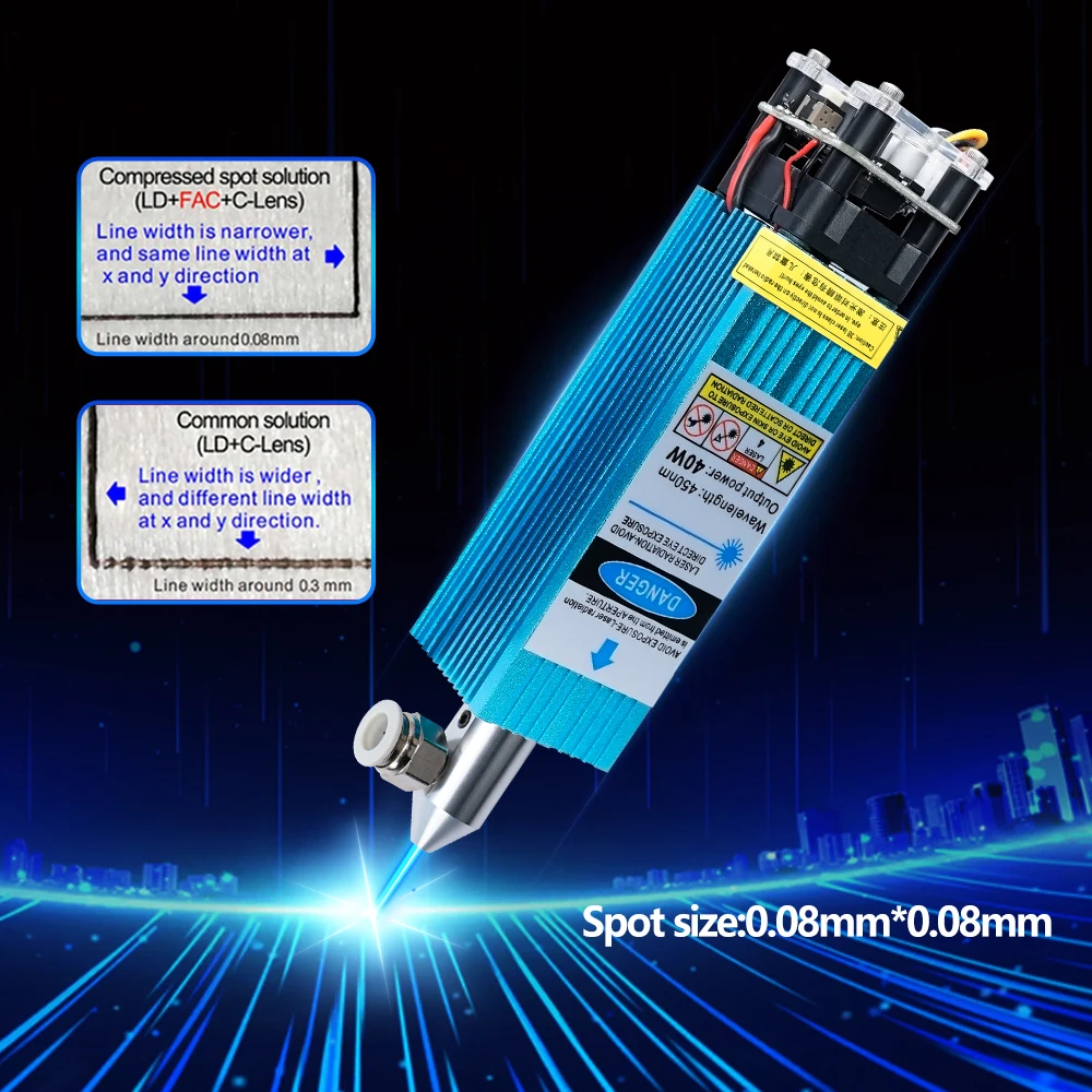 450nm 40W TTL 모듈 조정 가능한 초점 레이저 헤드, CNC 레이저 조각기 커터 목공 도구 및 액세서리 레이저 절단