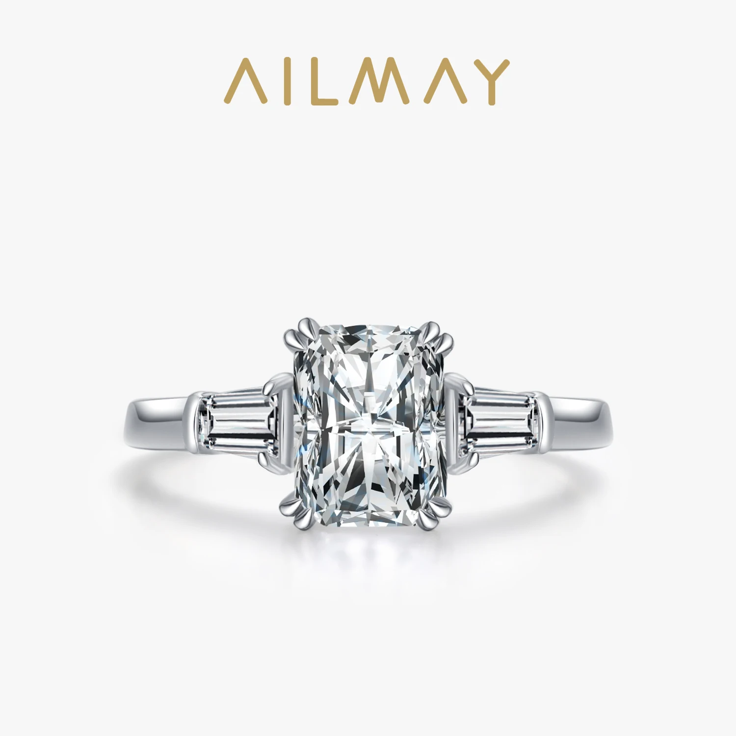 Ailmay Real 925 Sterling Silver Luxury Rectangle 2CT Clear AAAAA CZ Finger Rings For Women Wedding Promise Statement Jewelry Gif