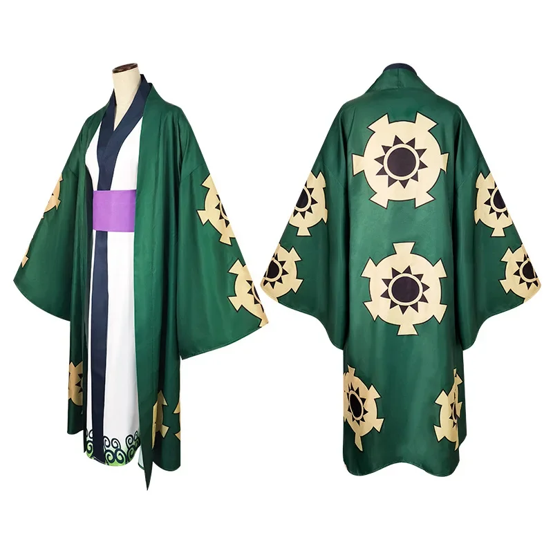 الأخضر رورونوا زورو كيمونو تأثيري زي للهالوين ، زي أنيمي ، بطانة شعر مستعار ، حزام ملابس خارجية ، بدلة الكبار