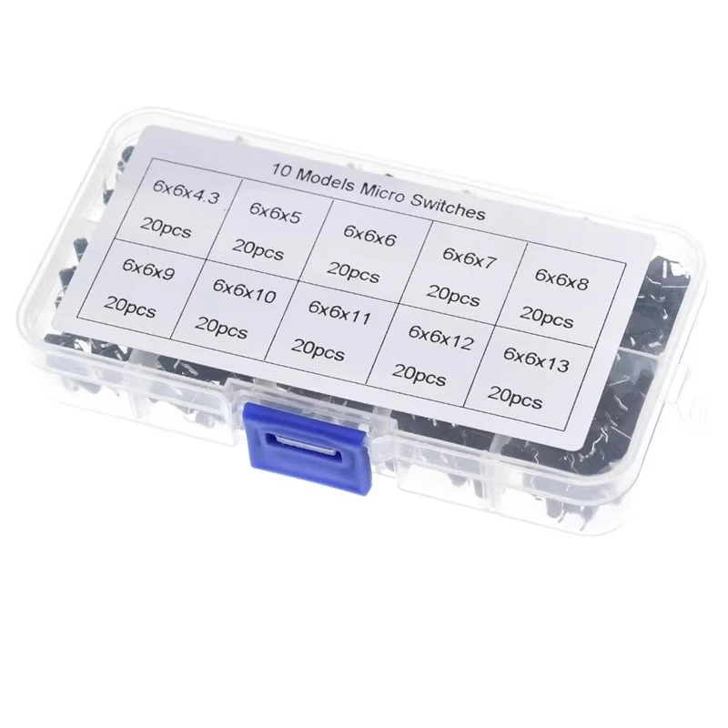 10 Value= 200pcs 6*6 Tact Switch Tactile Push Button Switch Kit, Height: 4.3MM~13MM DIP 4P Micro Switch 6x6 Key switch