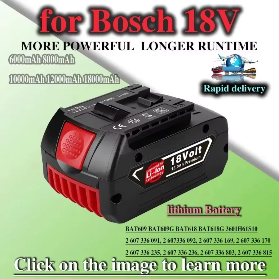 For Bosch 18V 6.0Ah 8.0Ah 12.0Ah Lithium-ion Rechargeable Battery Bat609, Bat609g, Bat618, Bat618g, Bat614, Bosch Drill+ Charger