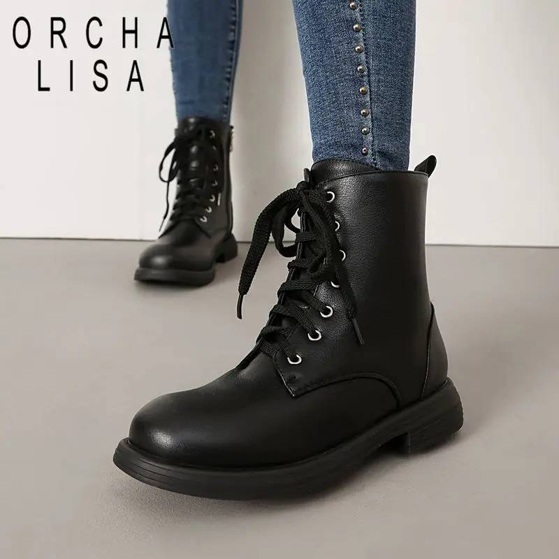 ORCHA LISA Hot Female Ankle Boots Round Toe 3cm Thick Sole Zipper Lace Up Oversize 41 42 43 44 45 46 Short Botas Shoes Winter
