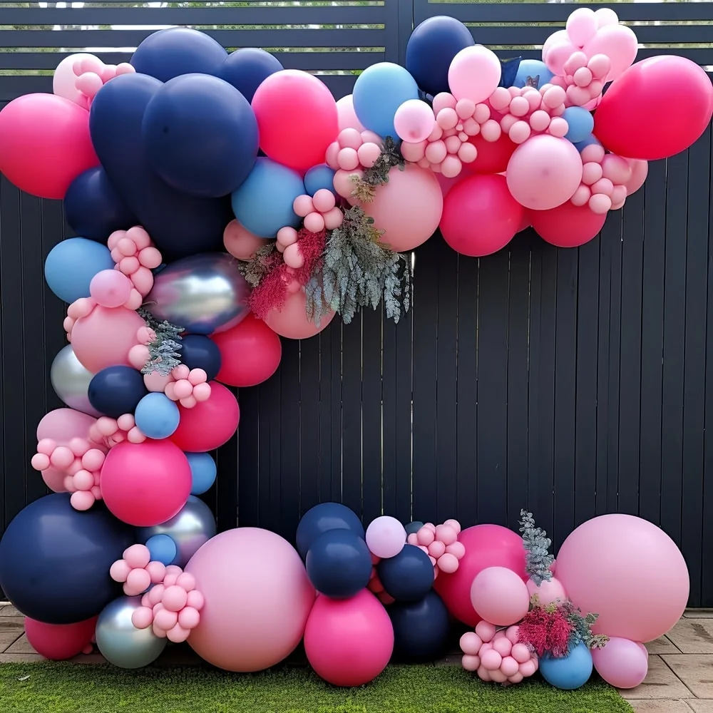 126pcs Navy Blue Pink Balloon Garland Arch Kit, Dark Blue Hot Pink Balloons Pastel Pink Blue Balloon Arch Kit Metallic Silver Balloons For Birthday Gender Reveal Wedding Engagement Anniversary Baby Shower Party Decor