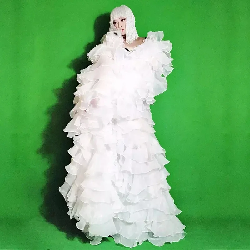 Femmes chanteur scène longue cape blanc Floral châle queue Long manteau Sexy Bar discothèque fête DJ danseur spectacle Performance Costume