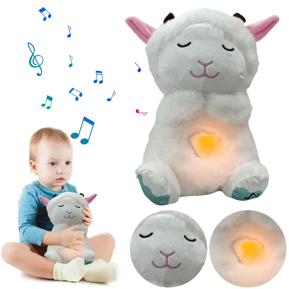 Cute Animal Baby Sleep Soother with Music Lights Rhythmic Breathing Motion Plush Stuffed Animal Musical Baby Toy for Newborns