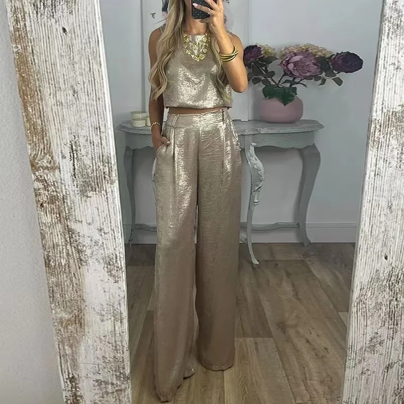 Spring Gold Bronzing Elegant Women\'s Sets Sexy O Neck Vest Top and High-waisted Pant Suits Summer Sleeveless Hollow Outfits 2pcs