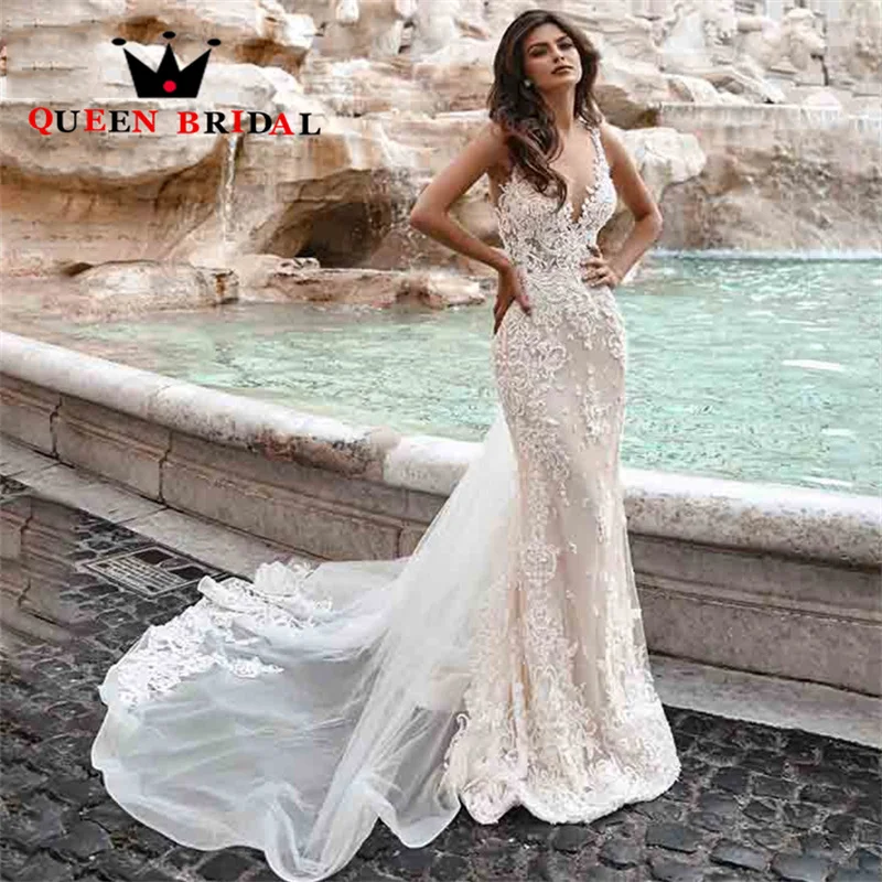 

Exquisite Mermaid Wedding Dress Appliques Lace V Neck Floor-length Sleeveless Bridal Gown Vestido De Noiva Custom J89Q