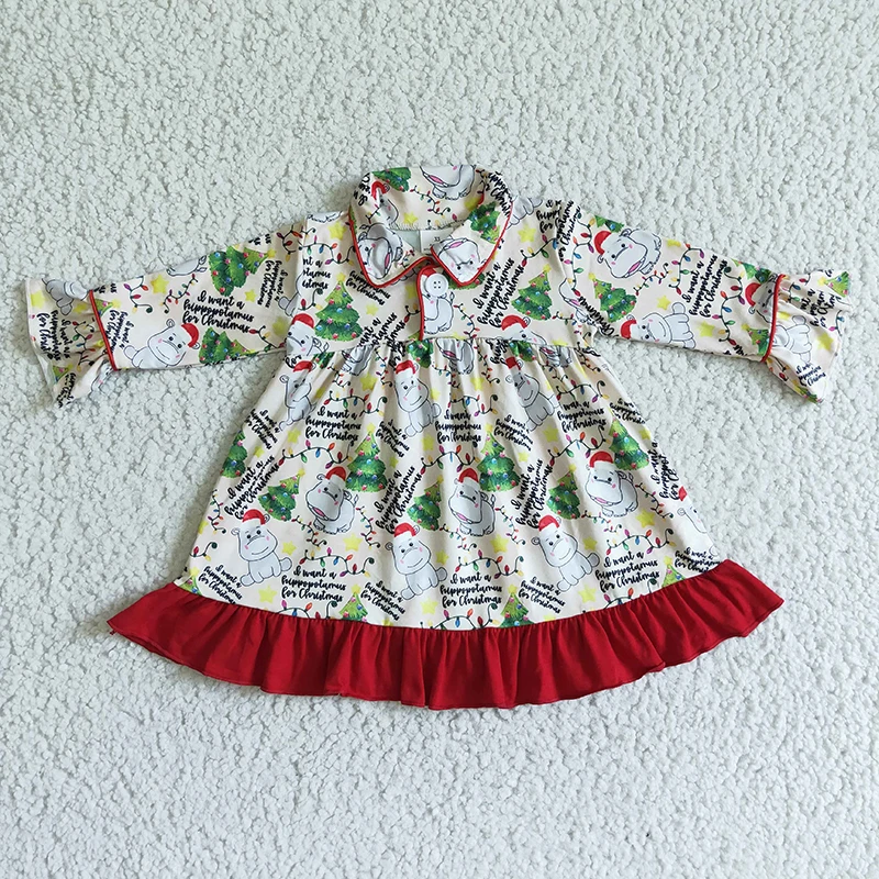 

Baby Girl Christmas Nightdress Twirl Dress Ruffle Long Sleeve Hippopotamus Clothing Wholesale Children Infant Toddler Clothes