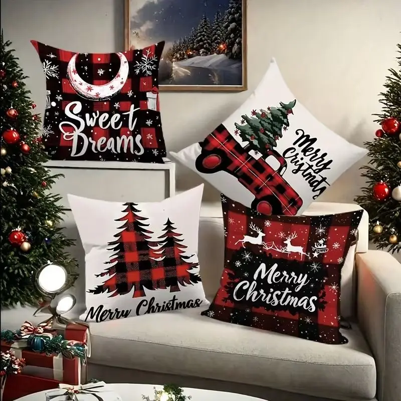 VIKAMA Buffalo Check Christmas Pillow Cover, Retro Red Truck, Moon, and Reindeer Slogan Print Sofa Cushion Cover, Home Decor