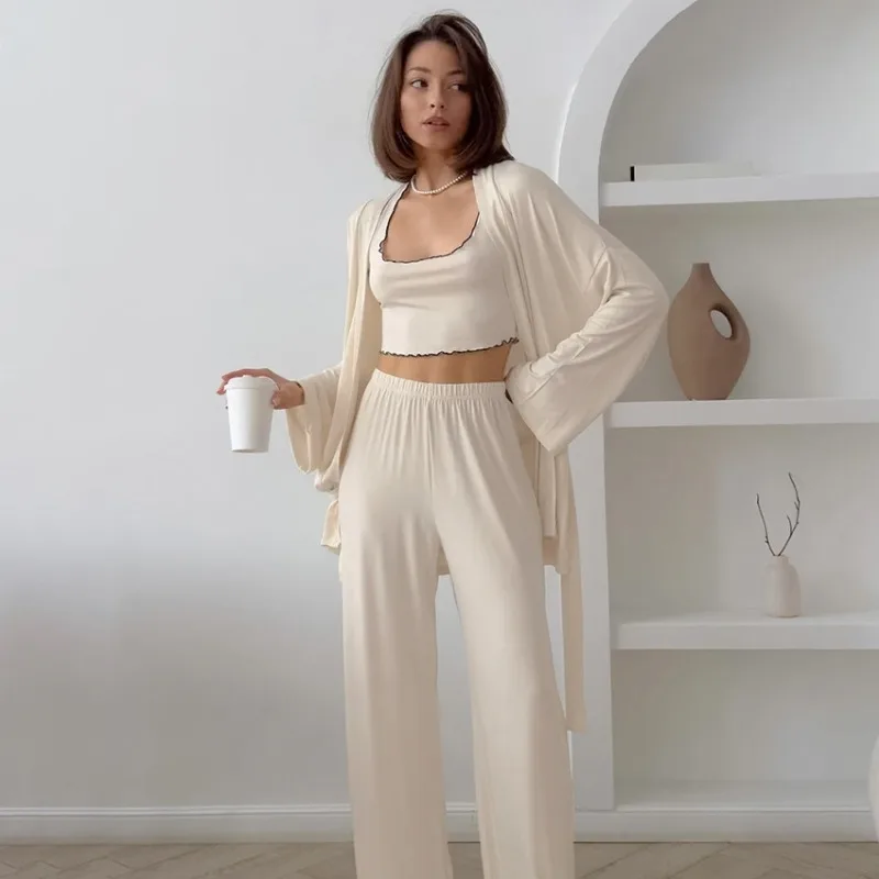 

2025 European American Women's Long Sleeve Long Pants Pajama Set Autumn 3 Piece Lounge Home Outdoor Wear Trousers Casual L Size