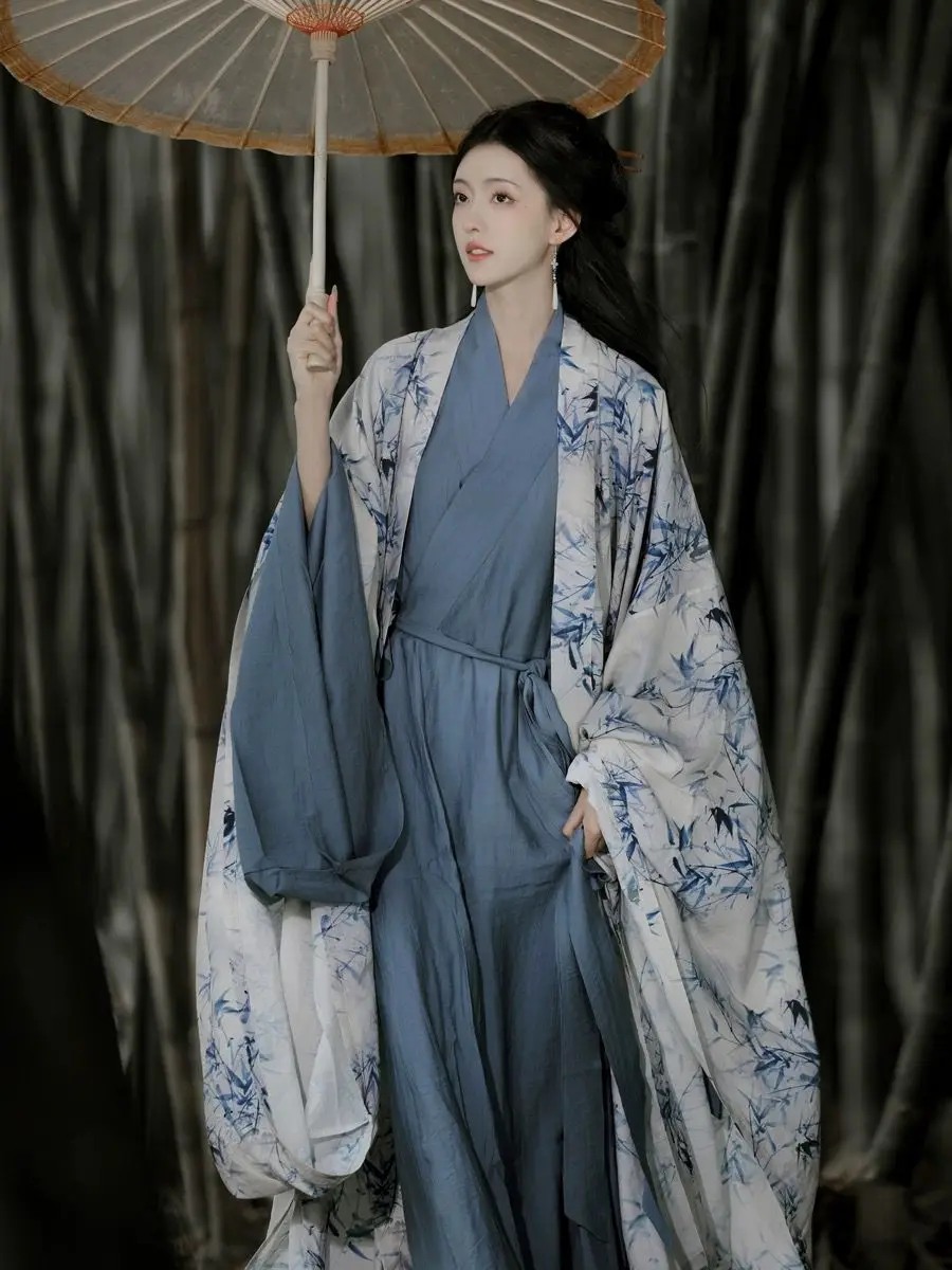 

Chinese Hanfu Dress Women Traditional Vintage Bamboo Printed Hanfu Carnival Cosplay Costume Green&White Hanfu Dress Plus Size XL