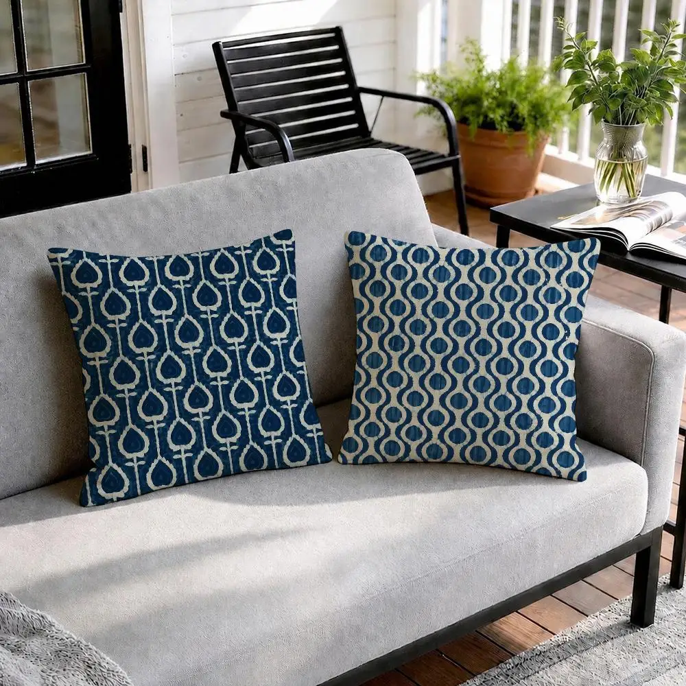 Indigo Batik Seamless Cushion Cover Natural Linen Organic Fabric Double-Sided Printing Sofa Home Decor Gift Pillow Cover