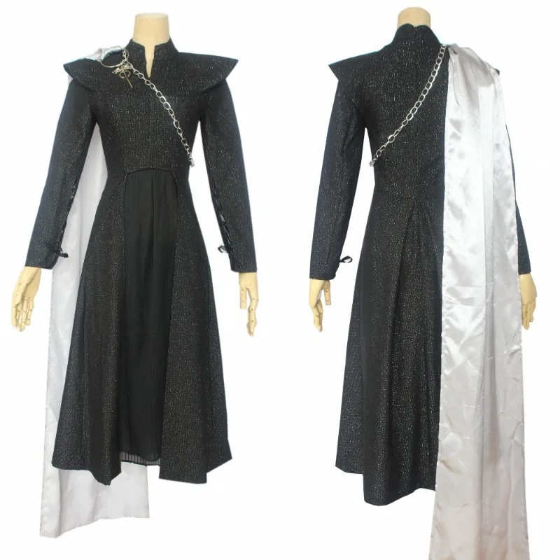 Disfraz de Daenerys Targaryen de Juego de Tronos, Uniforme de Cosplay de la Edad Media, Vestido Negro con Capa, Disfraz para Fiesta de Halloween