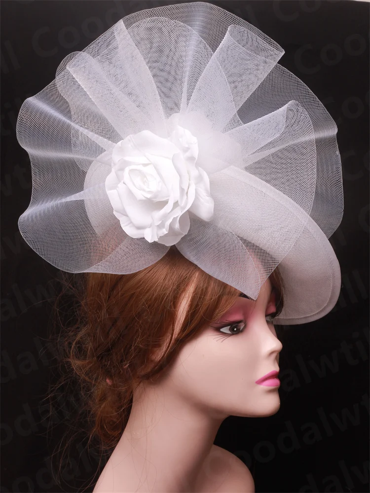 Bride Wedding Mesh Fascinator Hat Women Derby White Headpiece Kentucky Derby Race Chapeau Cap Flower Wedding Millinery Cap