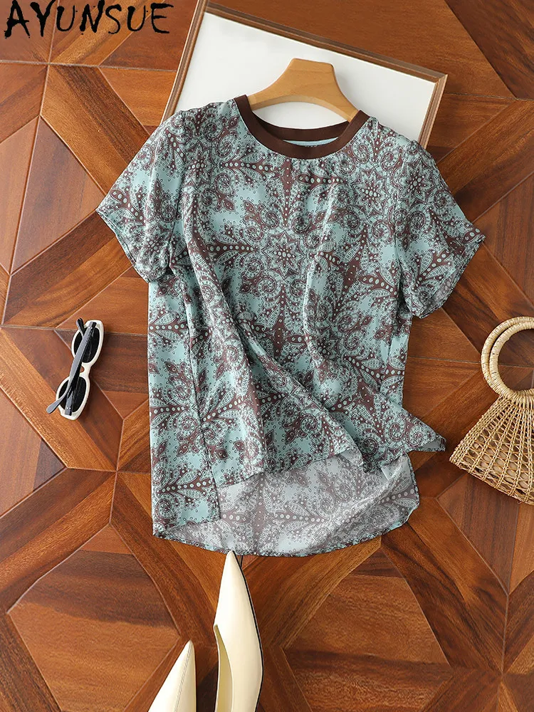 

AYUNSUE 100% натуральная шелковая футболка из тутового шелкопряда, женская одежда, элегантные футболки, летние женские топы, модные топы с круглым вырезом и принтом, женский топ