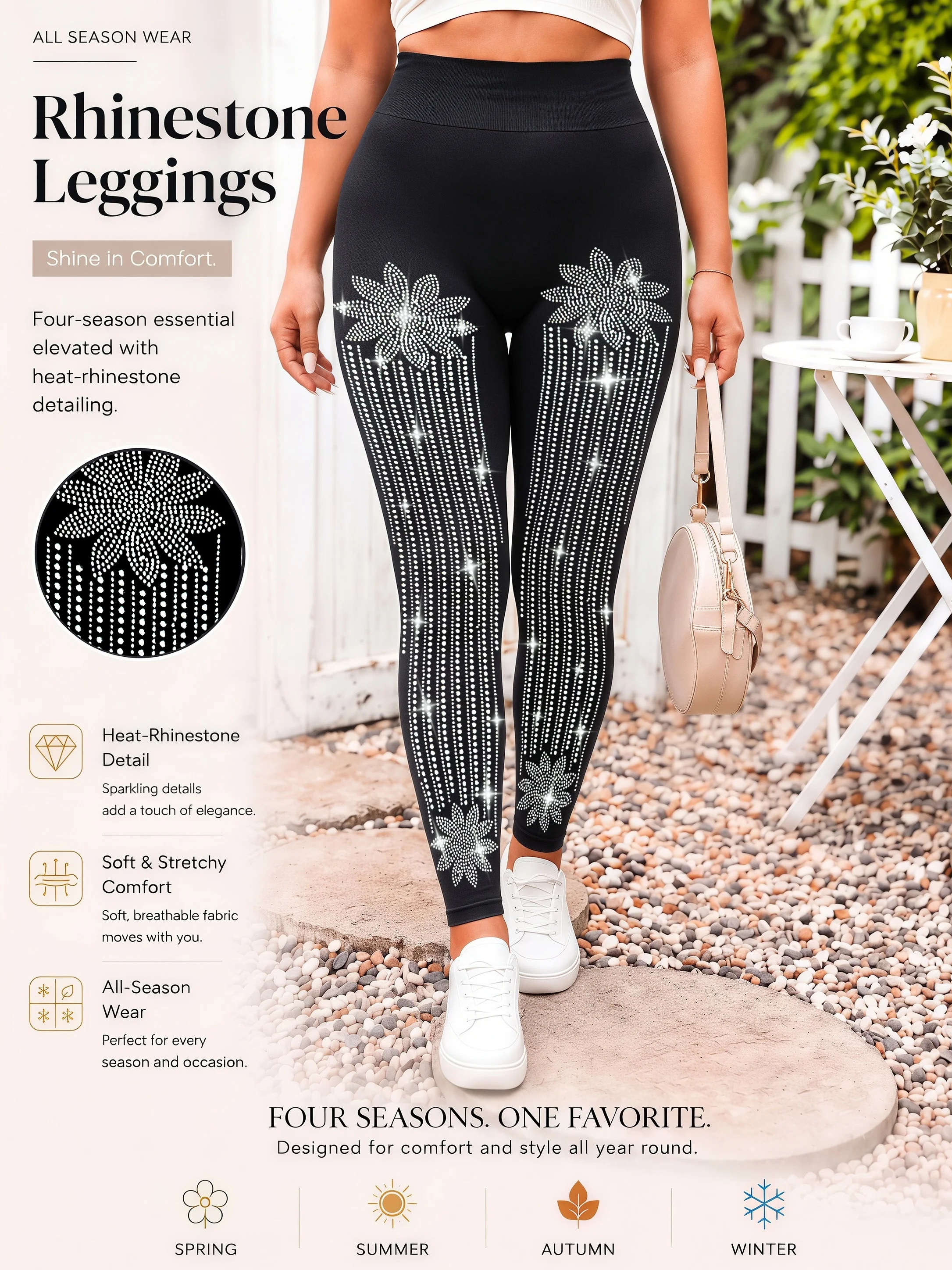 Damen Silberne Blumen-Quasten-Leggings mit Vertikalen Strass-Verzierungen, Exquisite Stylische Hochelastische Hose – Detail 3