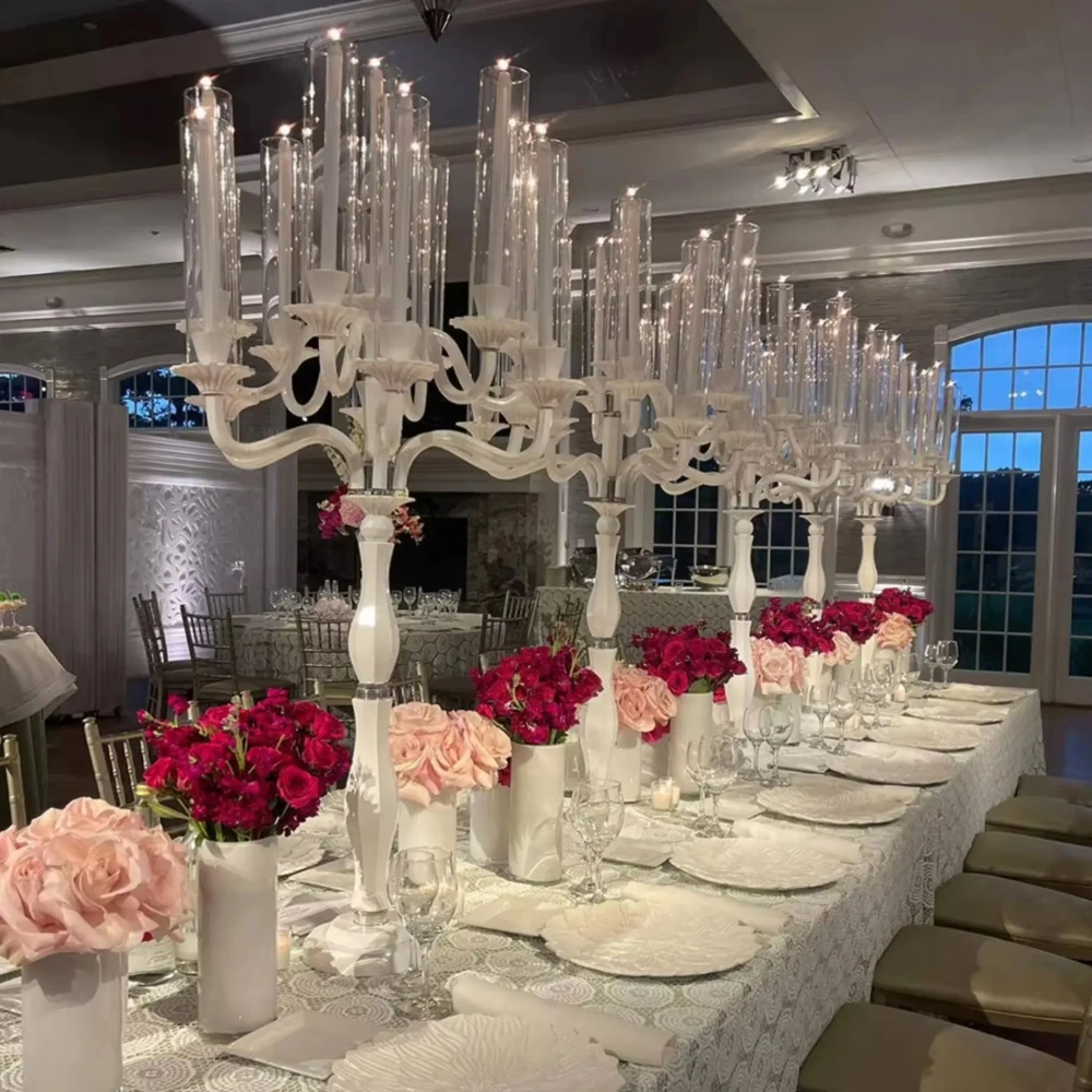 

5pcs)Customized 13 Arms Tall Tube White Crystal Candle Holder Wedding backdrop stage Candelabra for Centerpieces