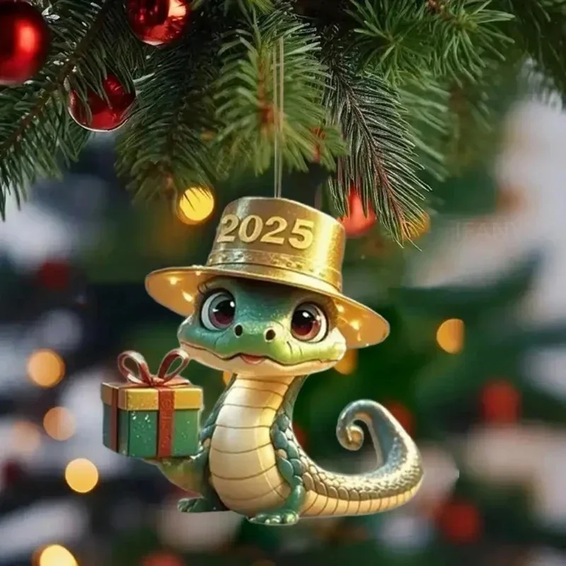 

NEW 2025 Cute Acrylic 2D Charm Car Snake Shape Pendants Christmas Tree New Year Ornament with Lanyard Easy To Hang New for Home