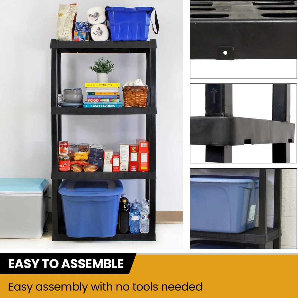 Multipurpose Plastic Garage Storage Rack 4-Tier Heavy-Duty Organizer Tool-Free Assembly Ventilated Shelves Space-Saving Design